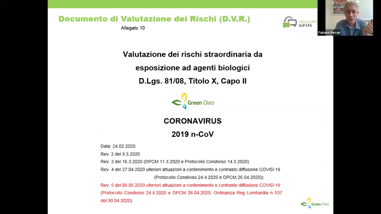 '3 .\Il"()S

Allegato 10

Fabiano Ferrari

Valutazione dei rischi straordinaria da
esposizione ad agenti biologici
D.Lgs. 81/08, Titolo X, Capo II

C Green L‘':.v:‘-
\)

CORONAVIRUS
2019 n-CoV

Data. 2402 2020

Rev 2 del 9.3.2020

Rev. 3 del 16.3.2020 (DPCL-1 11 32020 e Protocollo Conduvnso 14.3 2020)

Rev. 4 del 2704 2020 ultenon attuaznom a contennmento e contrasto dmuslone COVID-19

(Protocollo Condivnso 24 4.2020 e DPCM 26 04 2020))

Rev  dc:-.  -J5 2(;<:’{. ;1Ite'mIa‘.t.Iazu0n1acCr1I€-rmrento e Cc-ntrasto d!HLl.\'lO;'1£‘ C<i’>‘-./ID- 1”
(P'0t0:uH«7 ;"or‘.r,!u~.v:.<h 3.1.: T8212 (7 CPU.)  C-1 20.70 ().r:.Hnan7a Reg Ic'n'::a.'dna '1 .'-..°..7

iIC'i EC 34 2UL"J_.I